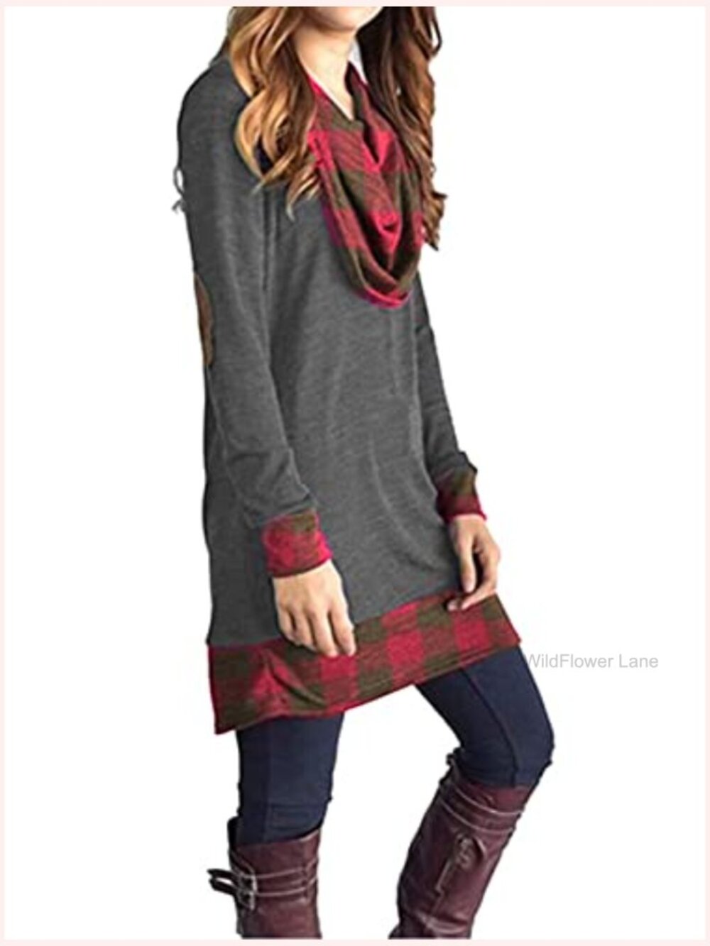 Women's Cowl Neck Color Block Tunic Top Long Sleeve Elbow Patches Loose Fit - Picture 2 of 4